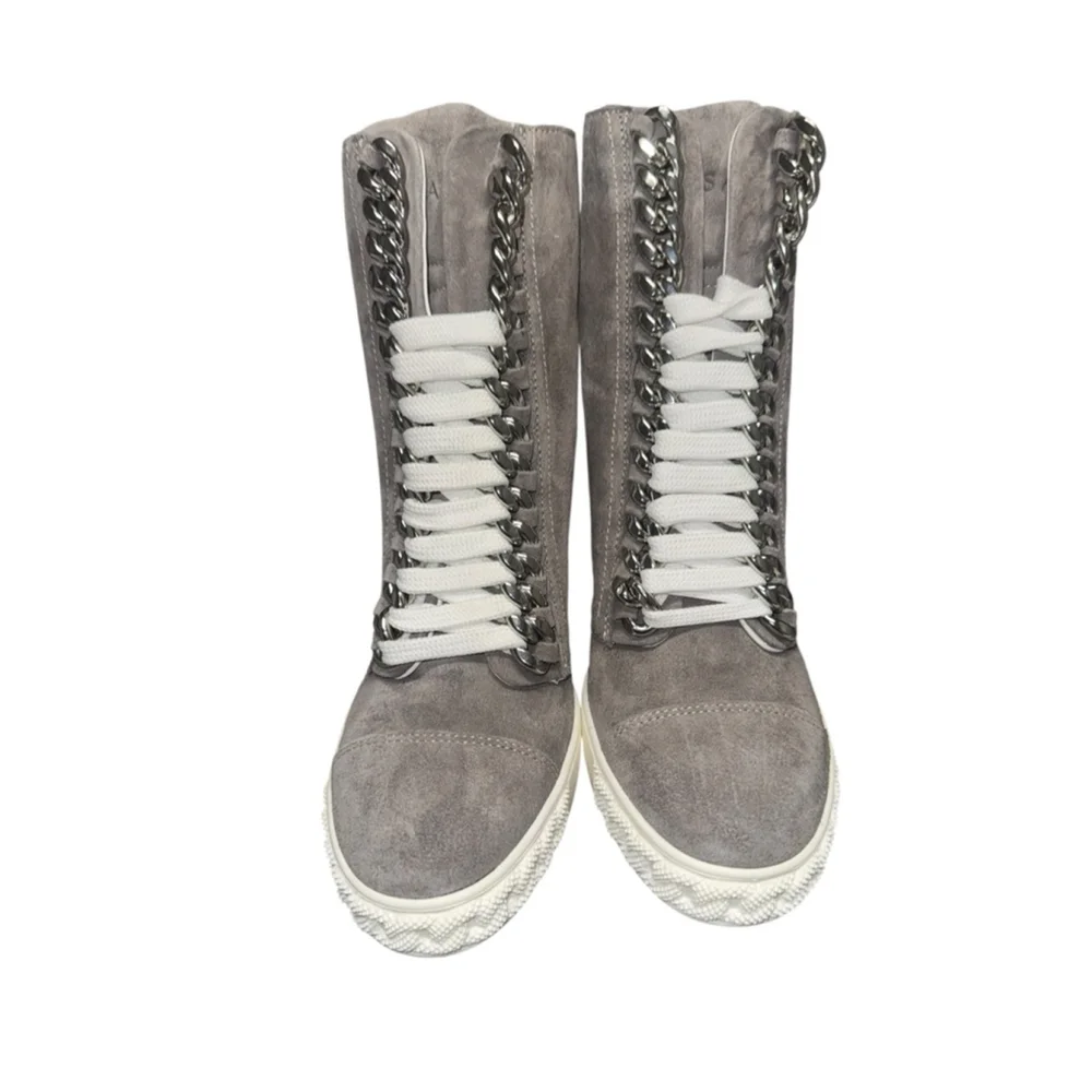 NEW IN BOX CASADEI grey suede Silver Chain Trim lace up Ankle Wedge sneaker